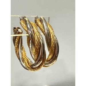 Twisted Two Tone Hoop Earrings Medium Gold Tone Silver Tone Bold Large Statement